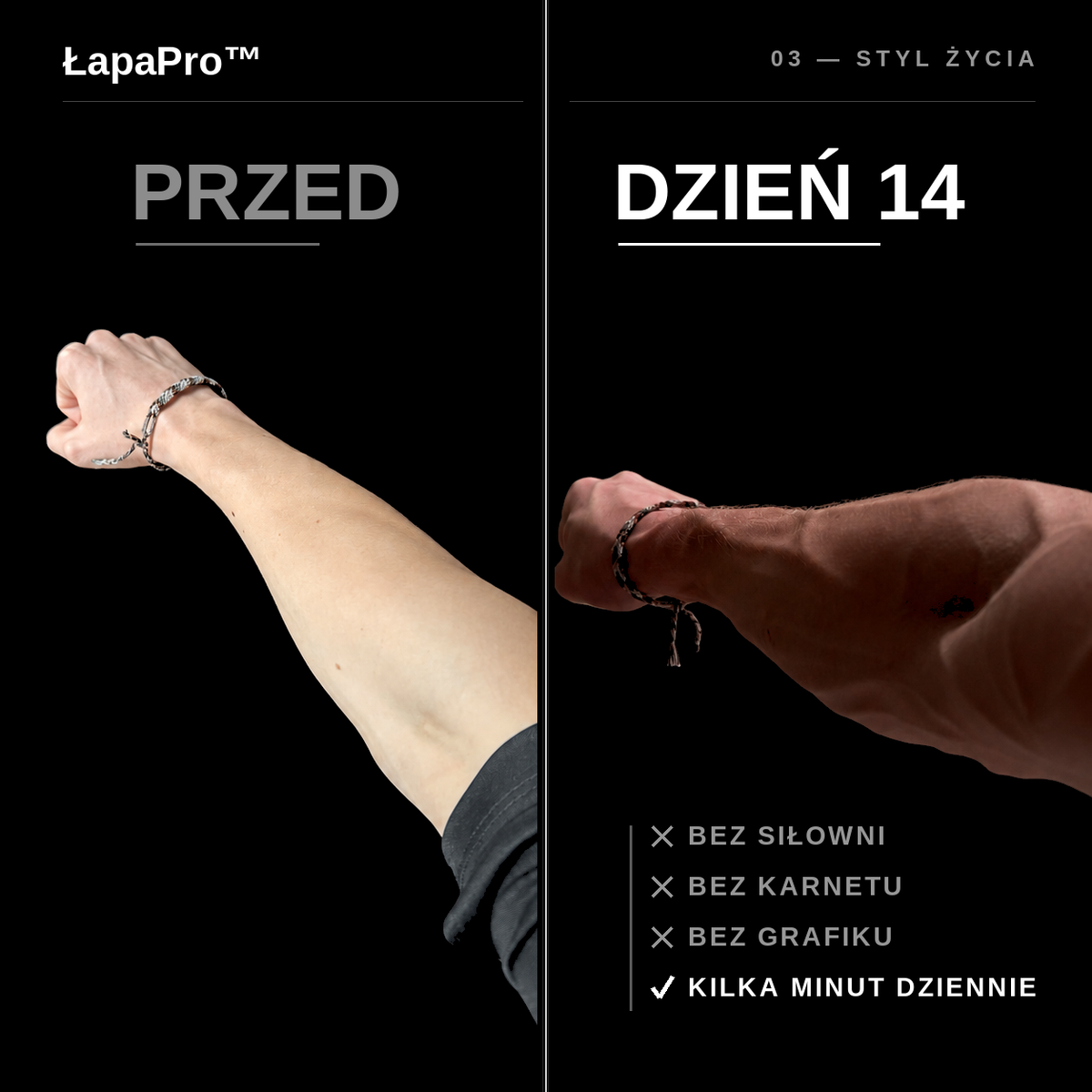 Porównanie przedramienia: Przed treningiem kontra Dzień 14 z ŁapaPro™